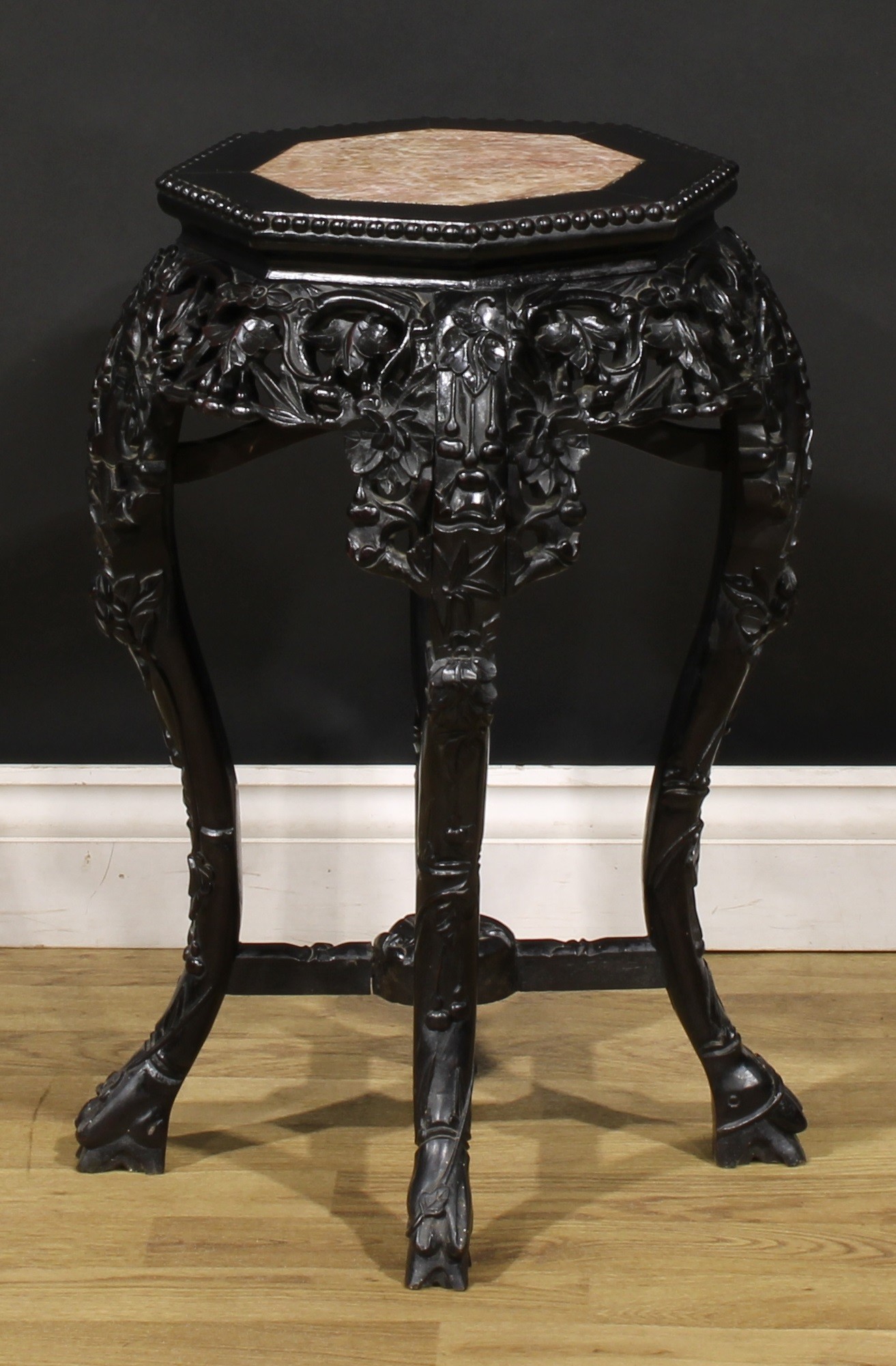 A Chinese hardwood jardiniere stand, octagonal top with beaded border and inset marble panel, shaped - Image 4 of 4