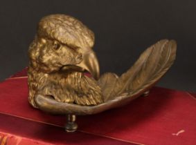 A French gilt metal novelty inkwell, cast as the head of an eagle, 28.5cm wide