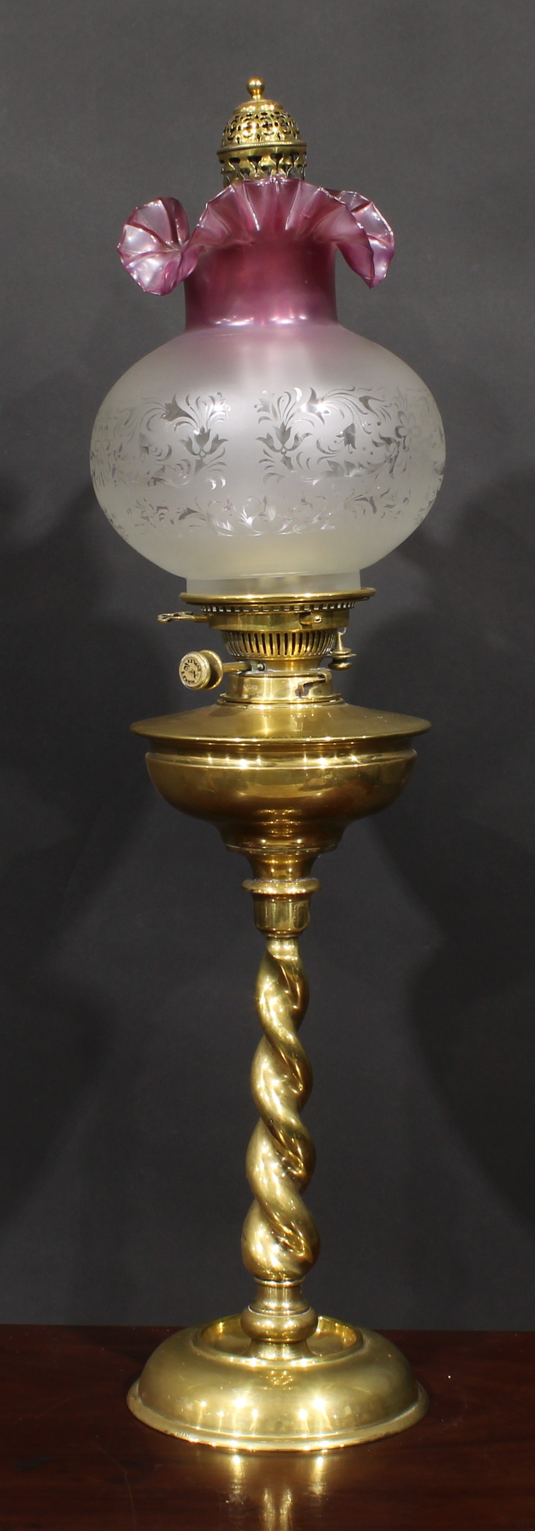 A 19th century brass oil lamp, circular brass font, Hinks's No.2 Duplex twin burner, frosted glass - Image 2 of 2