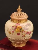 A Royal Worcester parcel-gilt and polychrome painted blush ivory potpourri vase and cover, 26cm