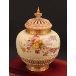 A Royal Worcester parcel-gilt and polychrome painted blush ivory potpourri vase and cover, 26cm