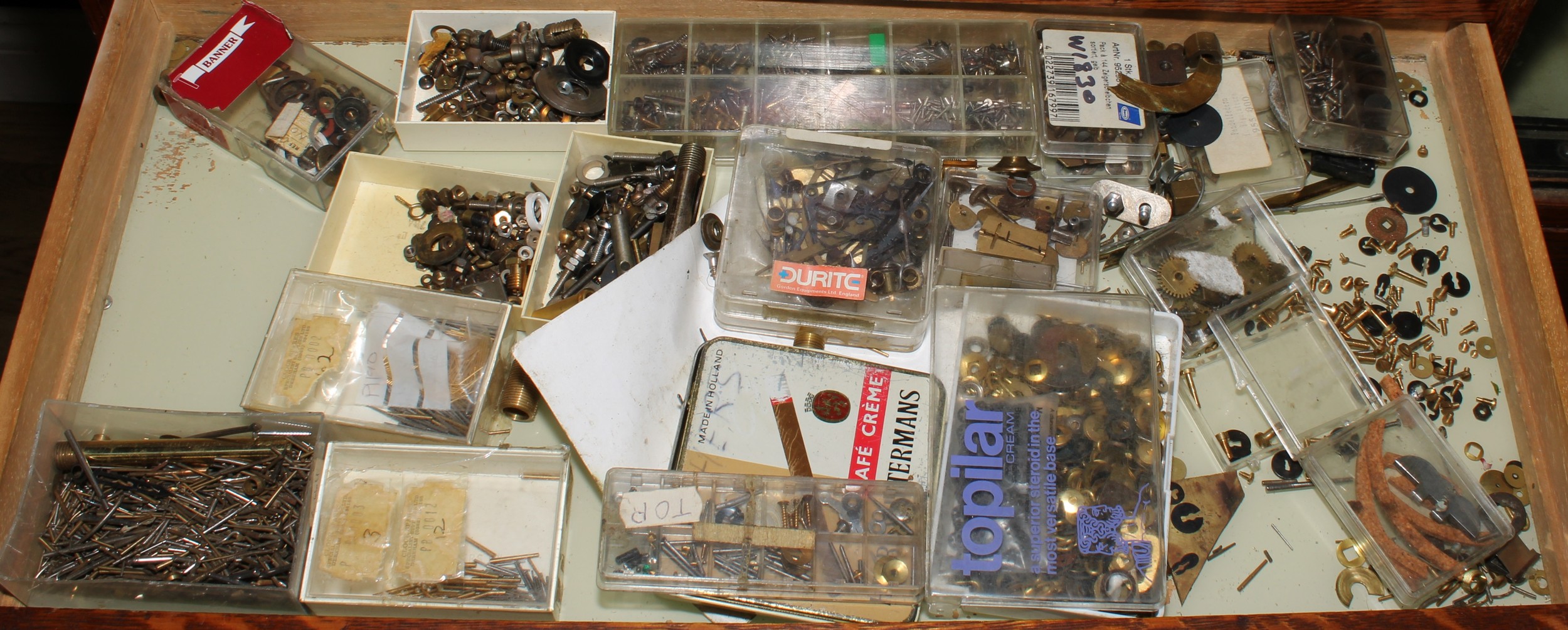 A mid-20th century oak side cabinet, now fitted for the horologist, containing various tools and - Image 7 of 8