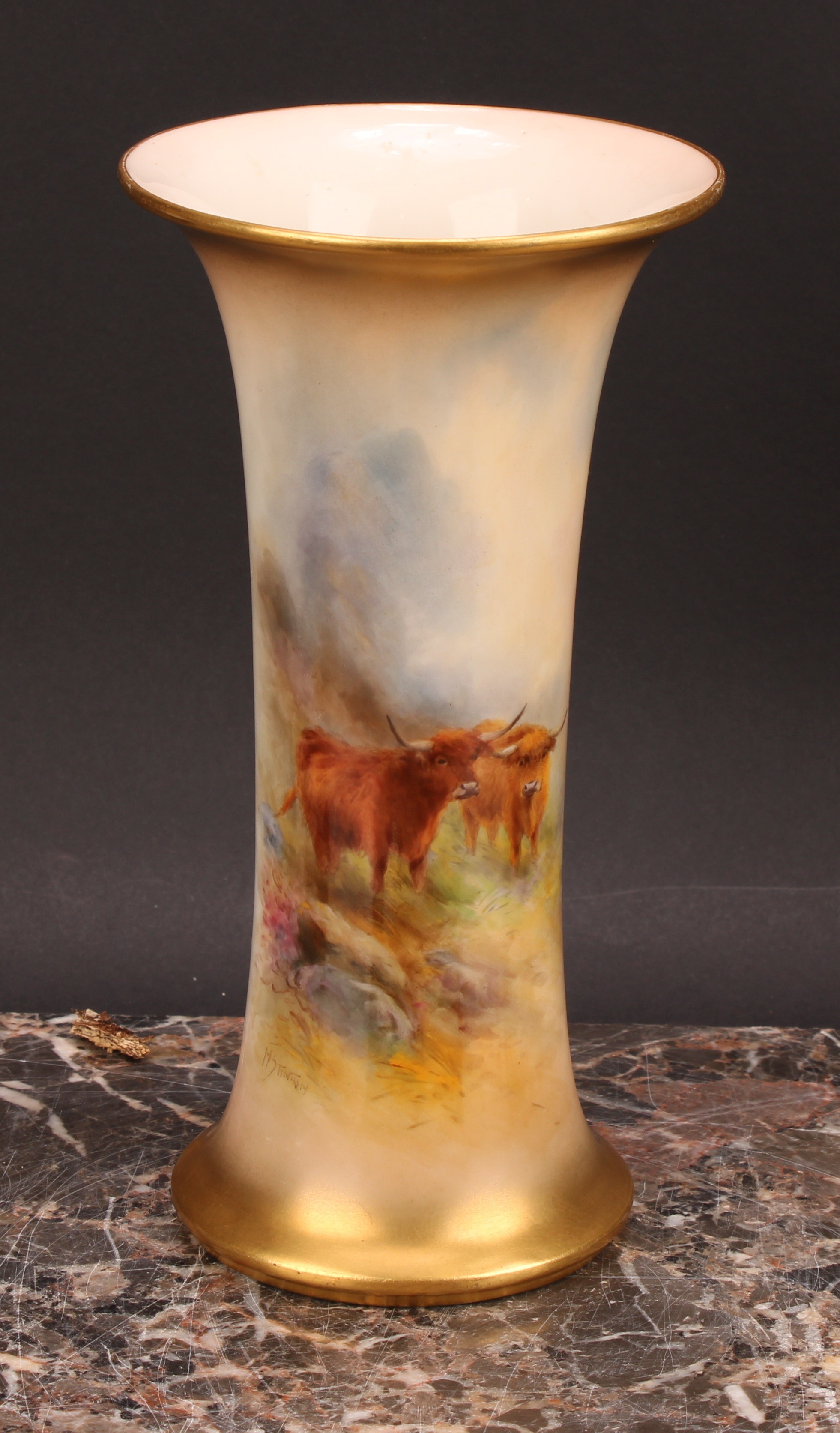 A Royal Worcester trumpet shaped vase, painted by Harry Stinton, signed, with highland cattle in a - Image 2 of 7