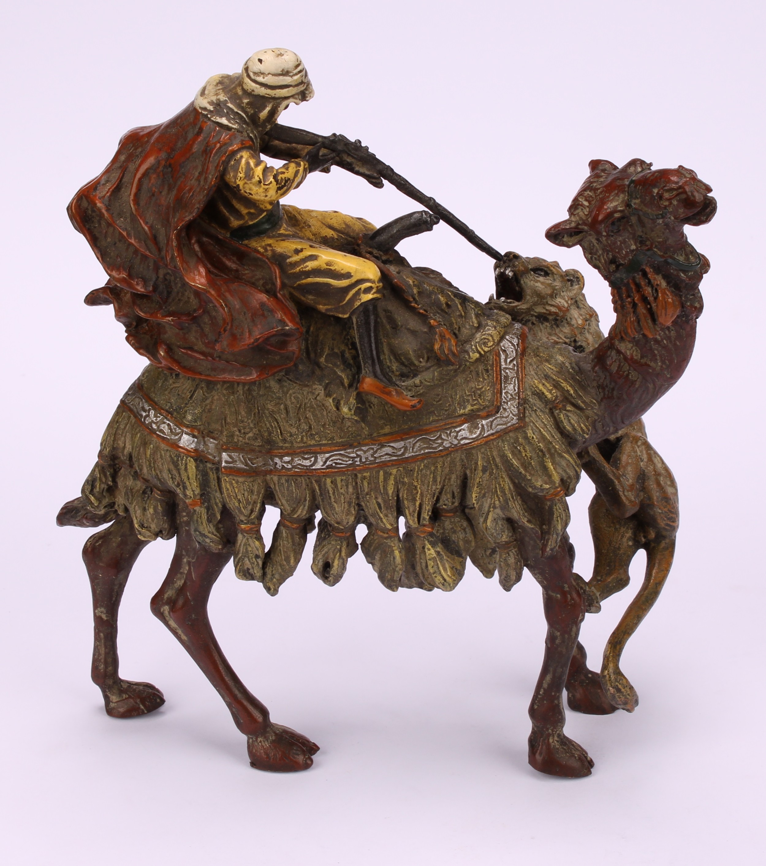 An Austrian cold painted bronze, in the manner of Bergman, of an Arab warrior on a camel, under - Image 4 of 5
