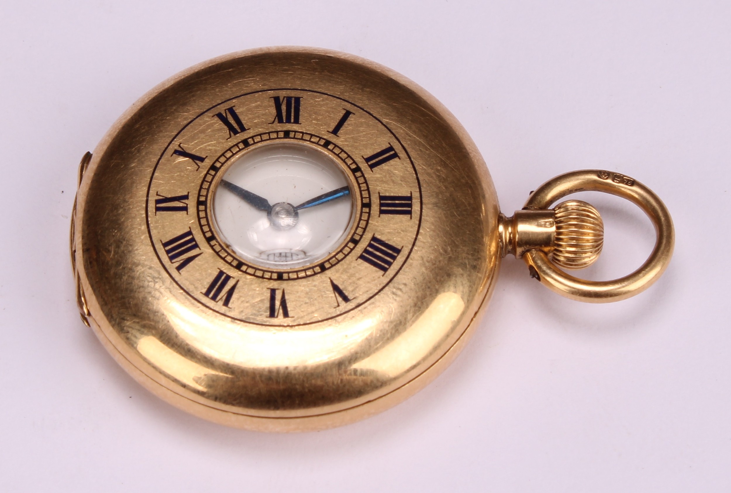 A lady's 18ct gold half hunter pocket watch, white enamel dial, Roman numerals, subsidiary seconds - Image 3 of 7