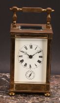 A French lacquered brass alarm carriage clock, 6.5cm rectangular enamel dial inscribed with Roman