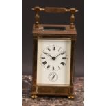 A French lacquered brass alarm carriage clock, 6.5cm rectangular enamel dial inscribed with Roman