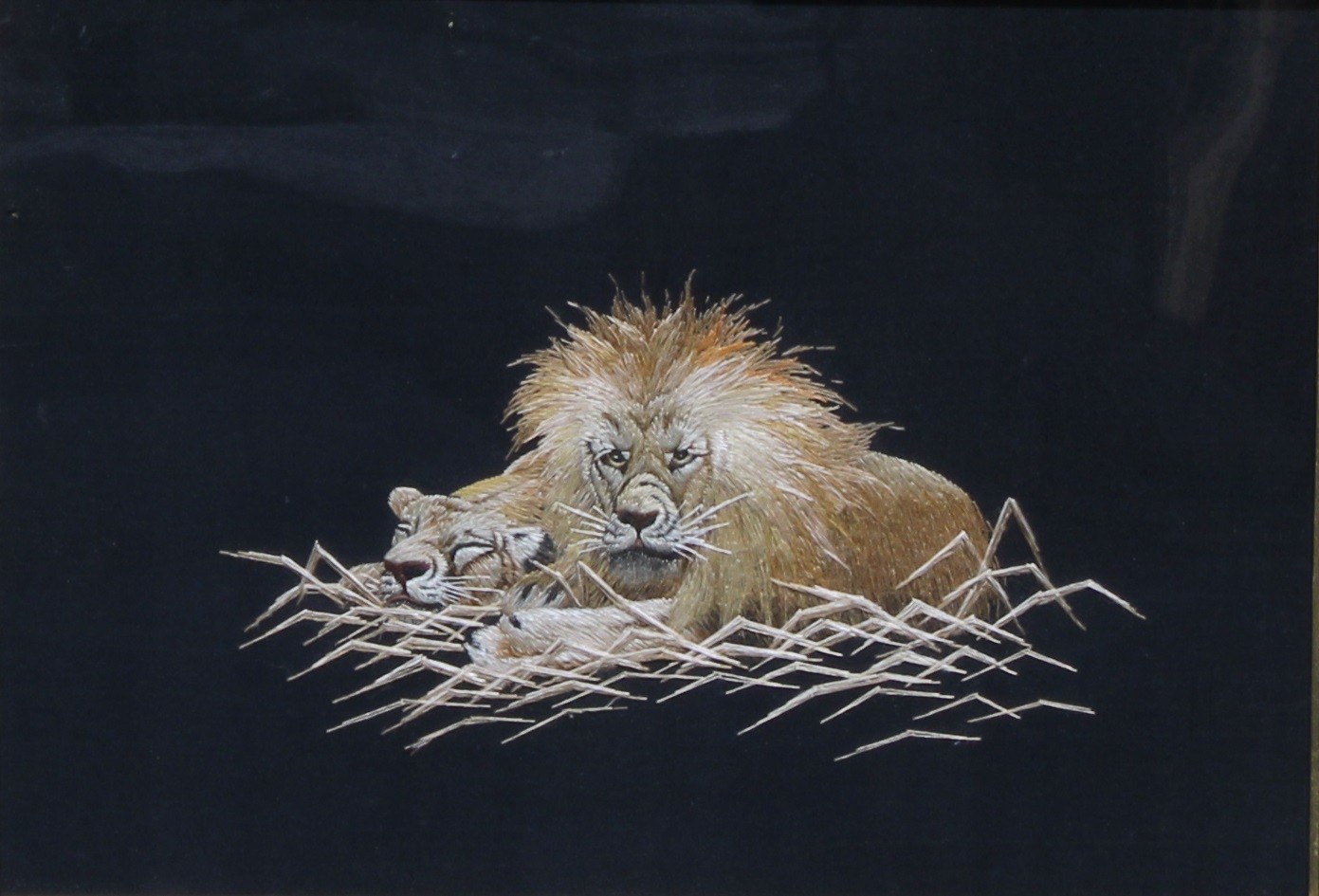 A pair of Japanese silk pictures, depicting tigers, and a lion and cub, 26.5cm x 37cm, oak frames, - Image 3 of 4