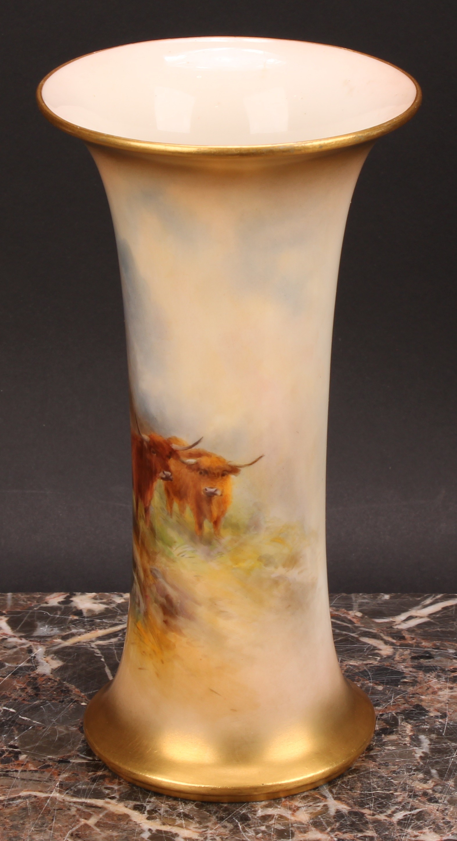A Royal Worcester trumpet shaped vase, painted by Harry Stinton, signed, with highland cattle in a - Image 5 of 7