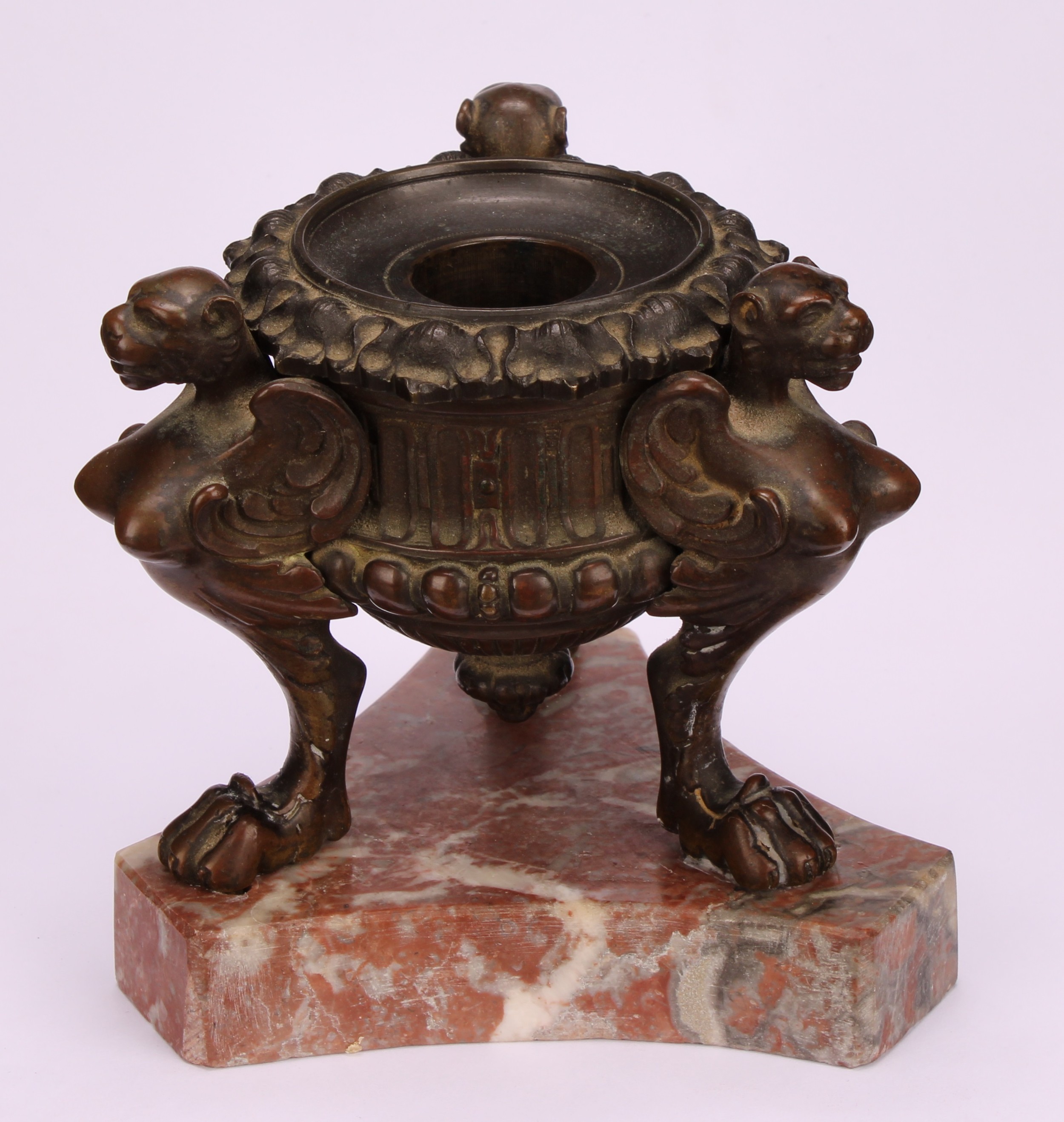 A 19th century brown patinated bronze tripod inkwell, cast in the Grand Tour taste with winged - Image 2 of 3