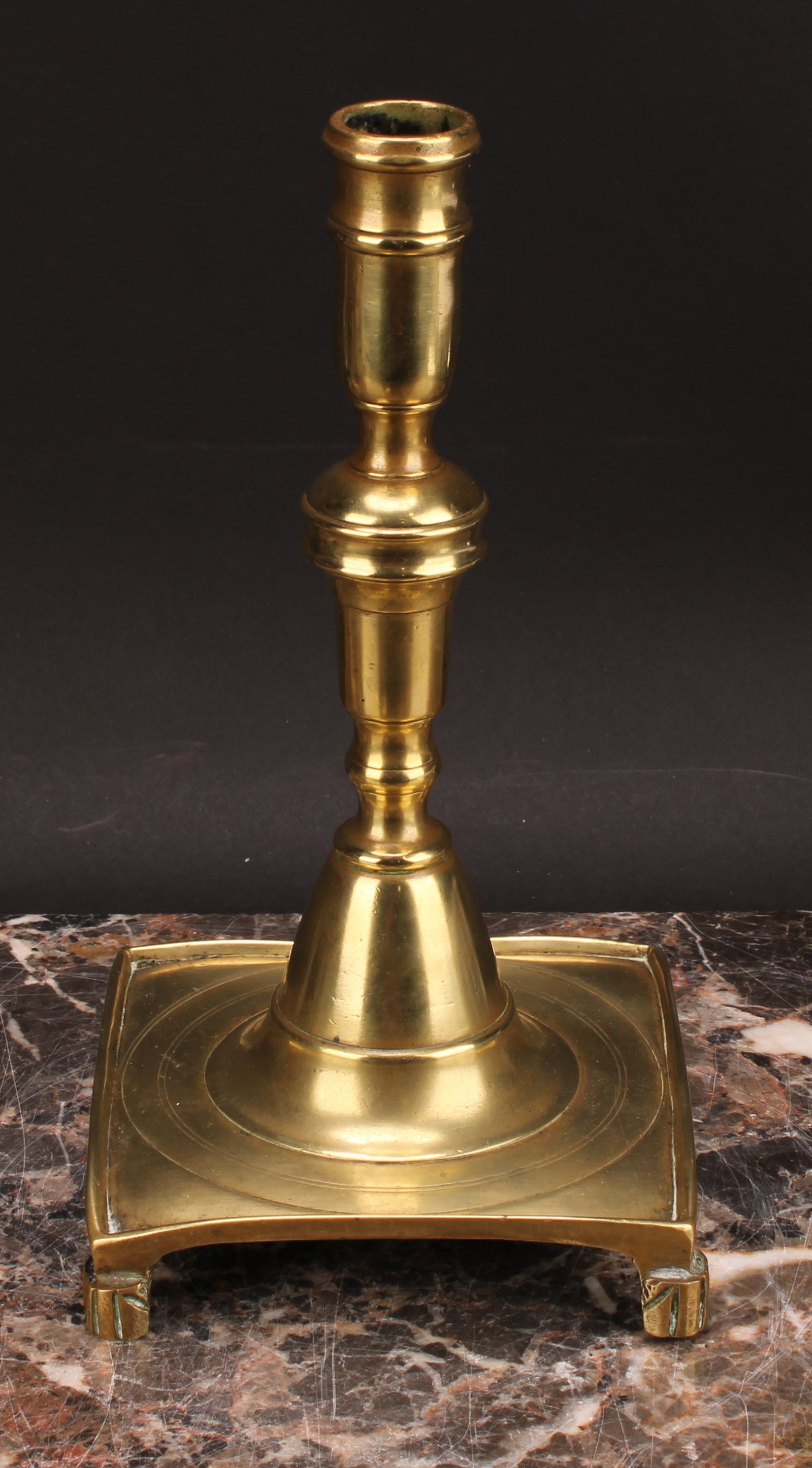 A Spanish brass tray base socket candlestick, knopped pillar, domed socle, fluted feet, 23cm high, - Image 2 of 3