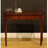 A Regency mahogany tea table, hinged top, tapered square legs, 73cm high, 91.5cm wide, 42.5cm