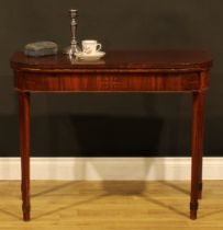 A Regency mahogany tea table, hinged top, tapered square legs, 73cm high, 91.5cm wide, 42.5cm