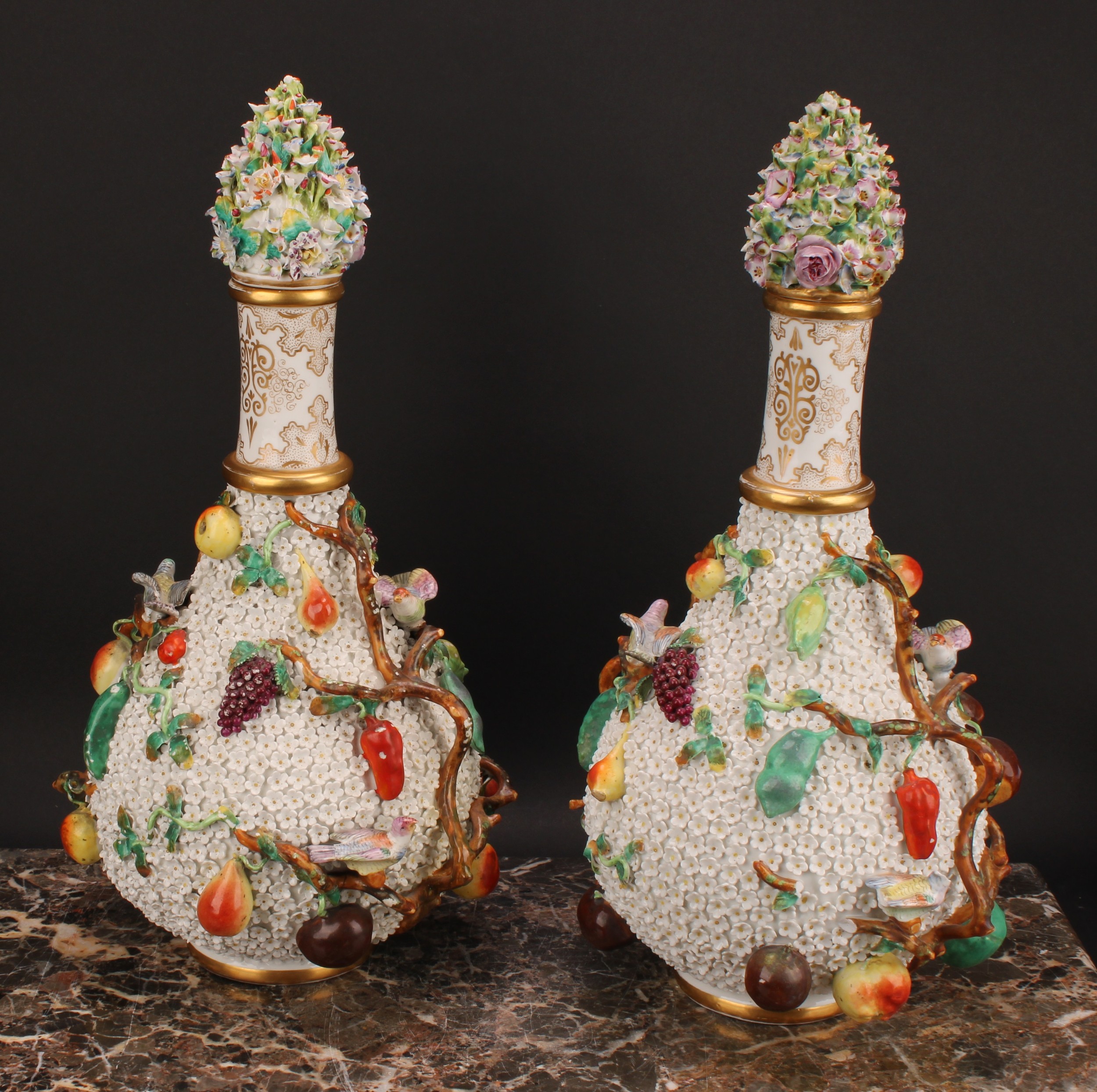 A pair of Meissen schneeballen bottle vases and covers, typically encrusted and applied with birds - Image 2 of 5