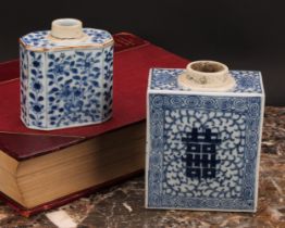 A Chinese canted rectangular tea caddy, painted in tones of underglaze blue with flowers and leafy