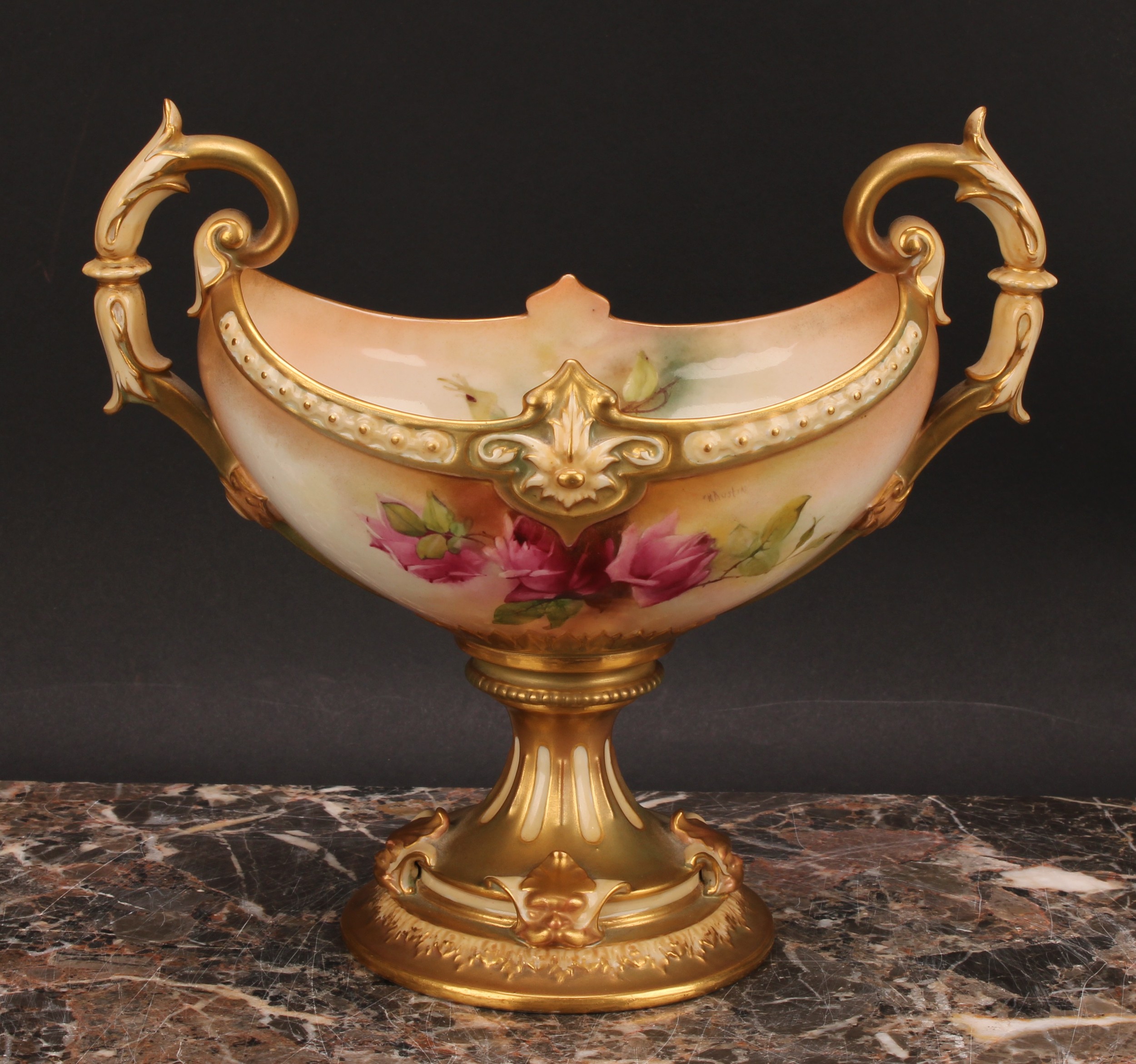 A Royal Worcester boat shaped pedestal vase, painted by K Austin, signed, with roses, on a blush - Image 5 of 6