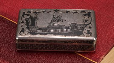 A 19th century Russian silver and niello rectangular snuff box, the hinged cover decorated with an