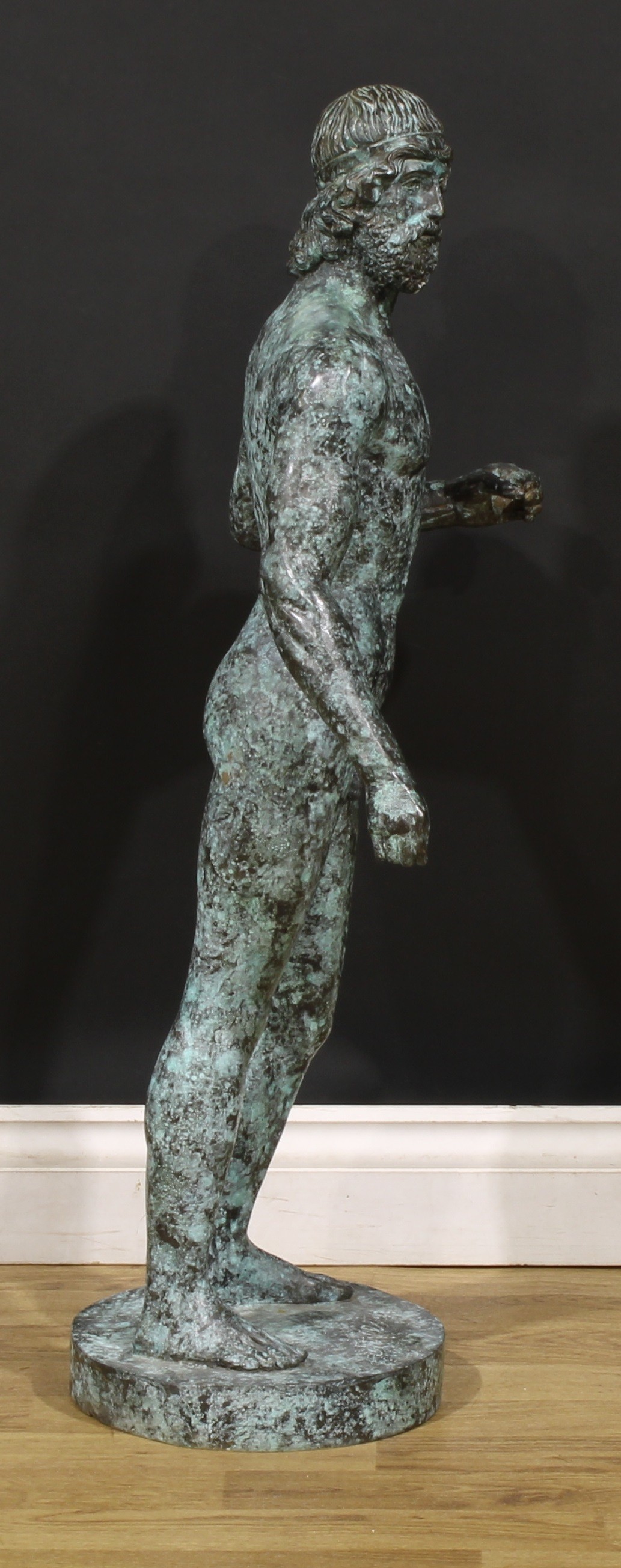 After the antique, a large verdigris patinated bronze figure, Warrior of Riace, signed J Tallsten, - Image 2 of 5
