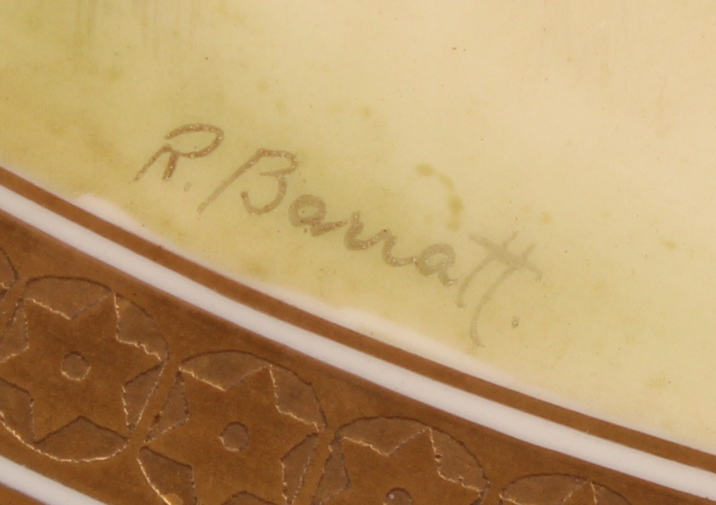 A Cauldon circular cabinet plate, painted by R. Barratt, signed, previously a Derby artist, with - Image 3 of 6