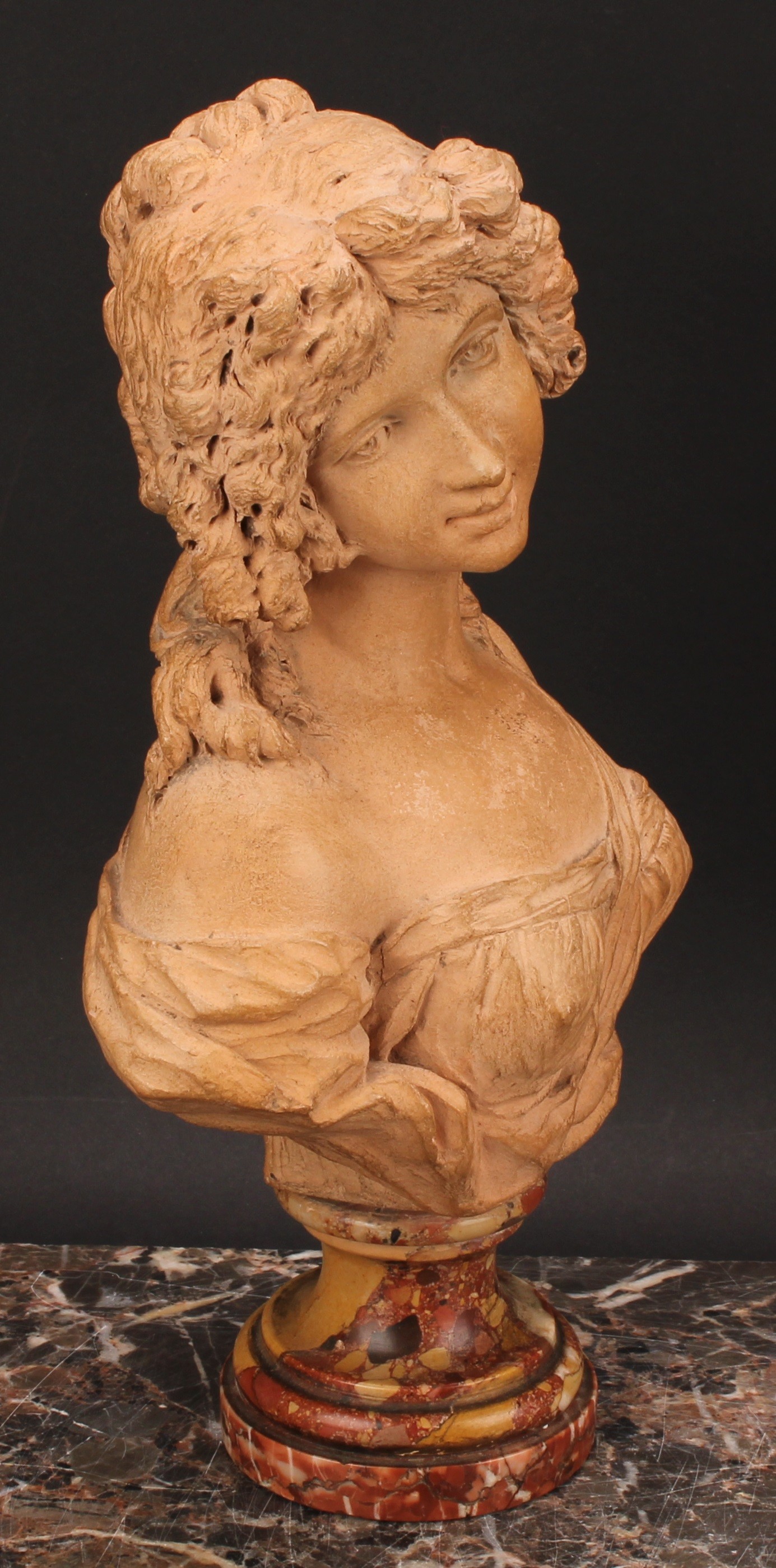 Italian School (19th century), a terracotta portrait bust, of a young beauty, Breccia marble plinth, - Image 3 of 5