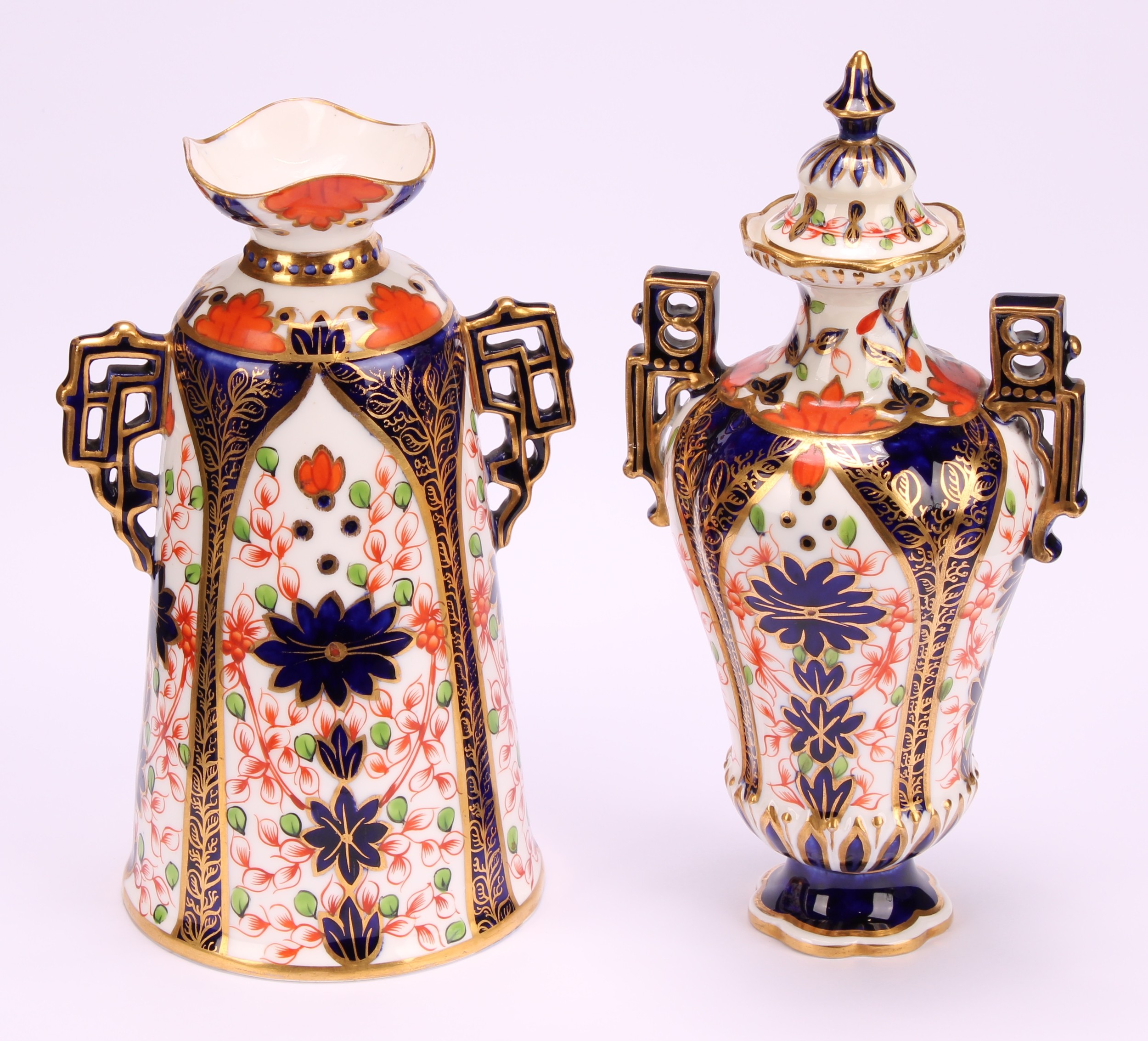 A Royal Crown Derby Imari elongated ogee shaped two-handled vase and cover, Japanesque angular - Image 2 of 9