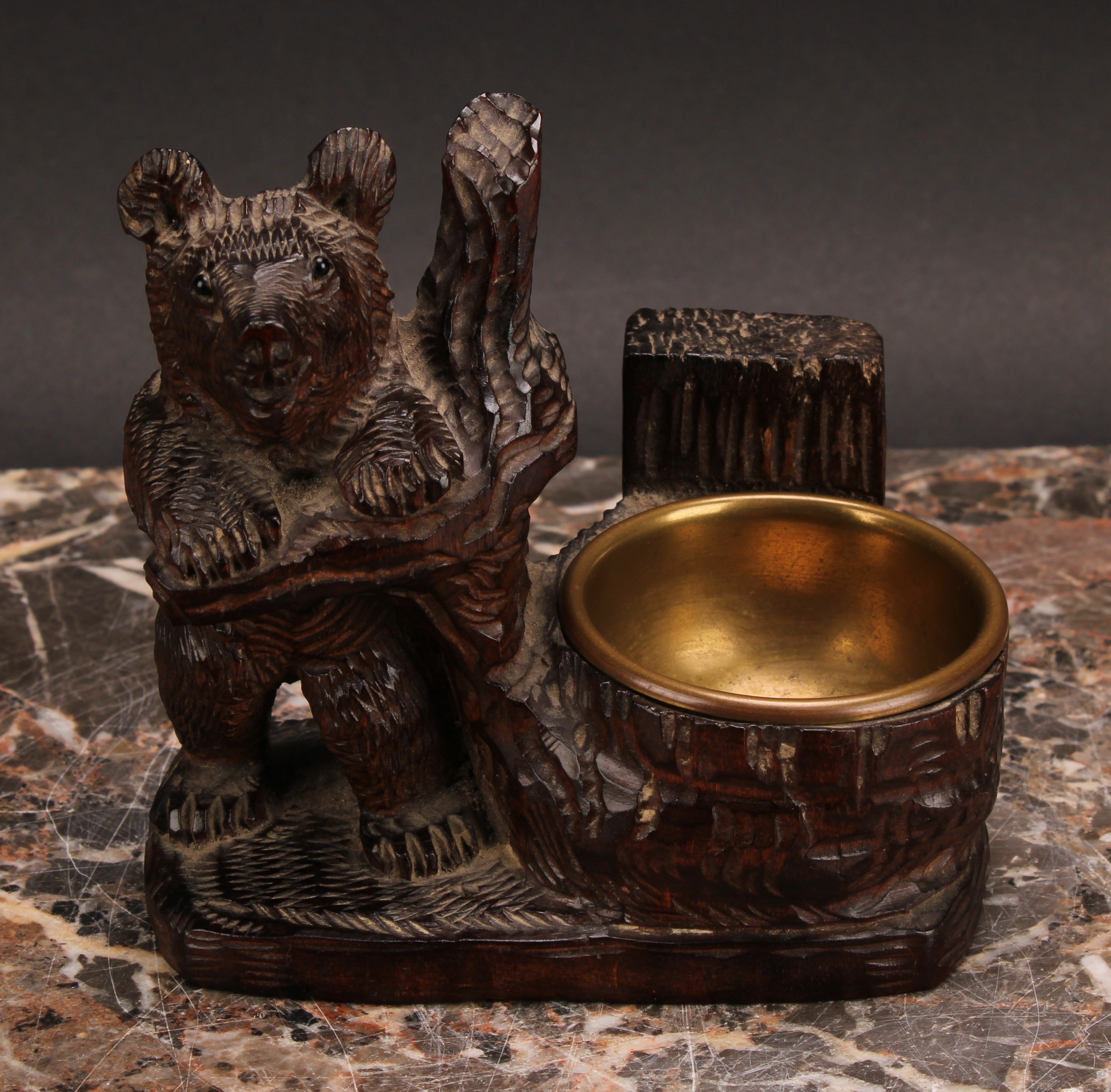 A Black Forest carved bear matchbox and vesta holder, brass liner, 11cm high - Image 2 of 5