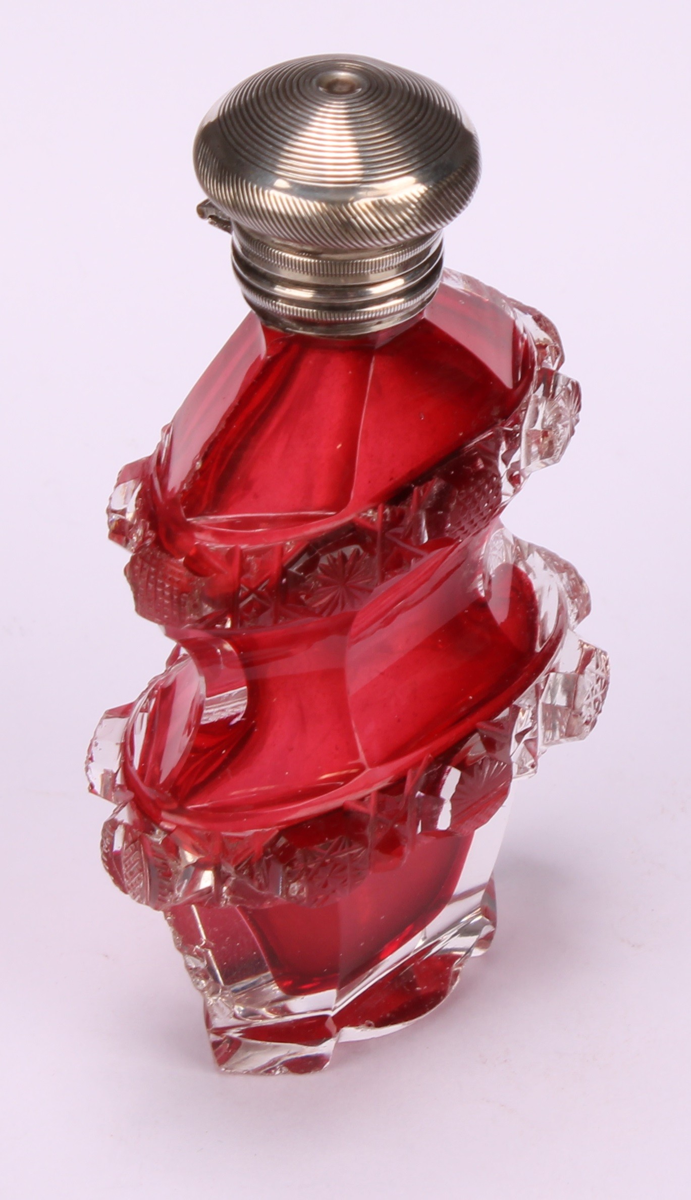 A 19th century silver coloured metal mounted cylindrical cranberry glass scent bottle, the hinged - Image 3 of 6