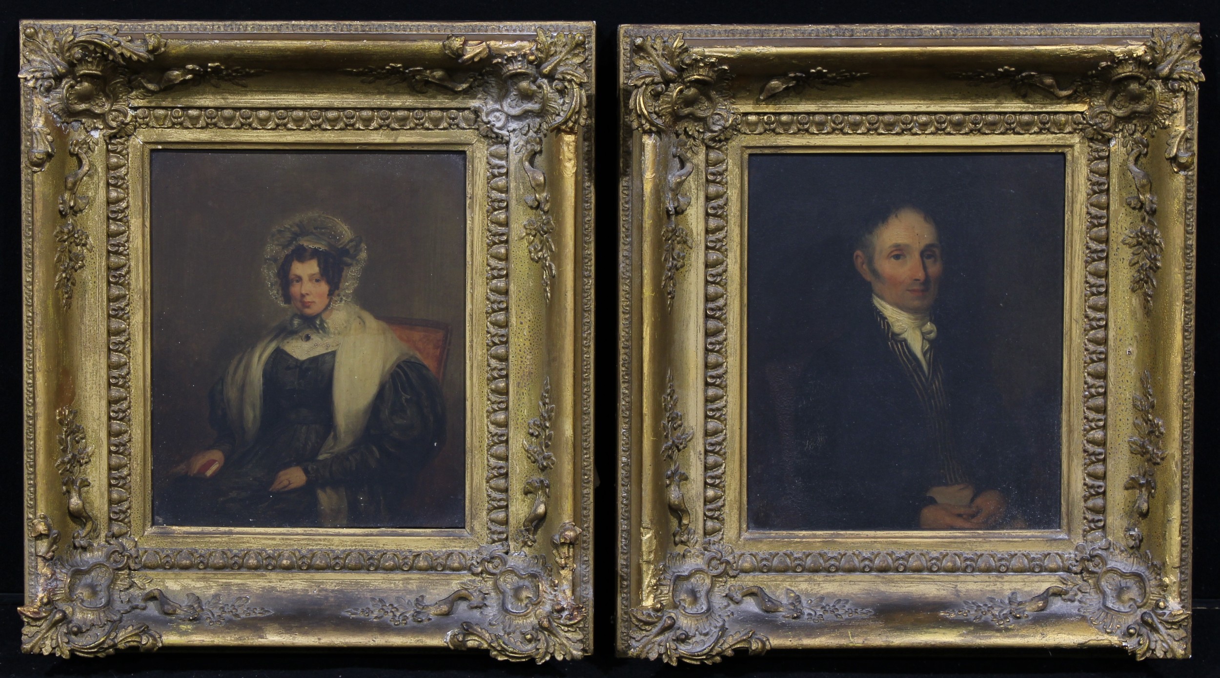 English School (19th century) A pair, Portraits of a Lady and Gentleman oil on mahogany panel,