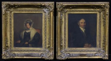 English School (19th century) A pair, Portraits of a Lady and Gentleman oil on mahogany panel,