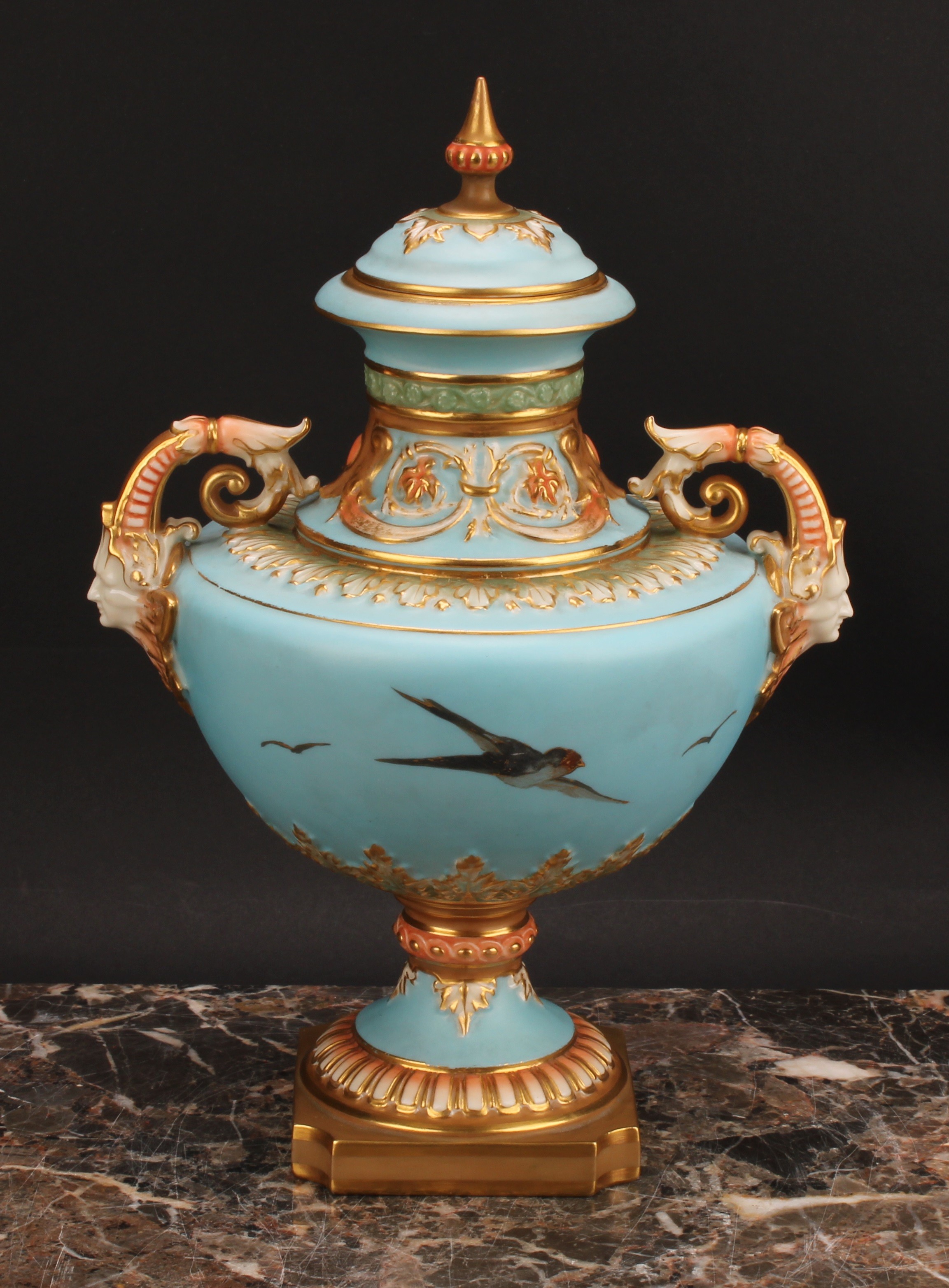 A Royal Worcester pedestal vase and cover, painted by Charles Baldwin, signed, with swans, on a blue - Image 6 of 8