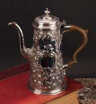 A George II silver spreading cylindrical chocolate pot, hinged cover with stirring aperture,