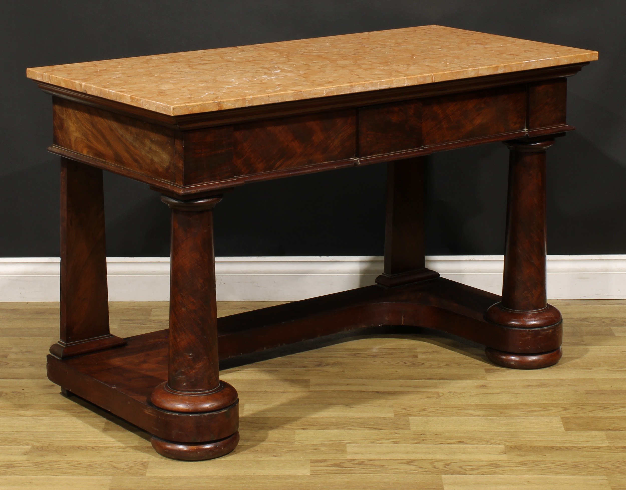 A Victorian mahogany pier table, marble top above two frieze drawers, spreading cylindrical - Image 3 of 6