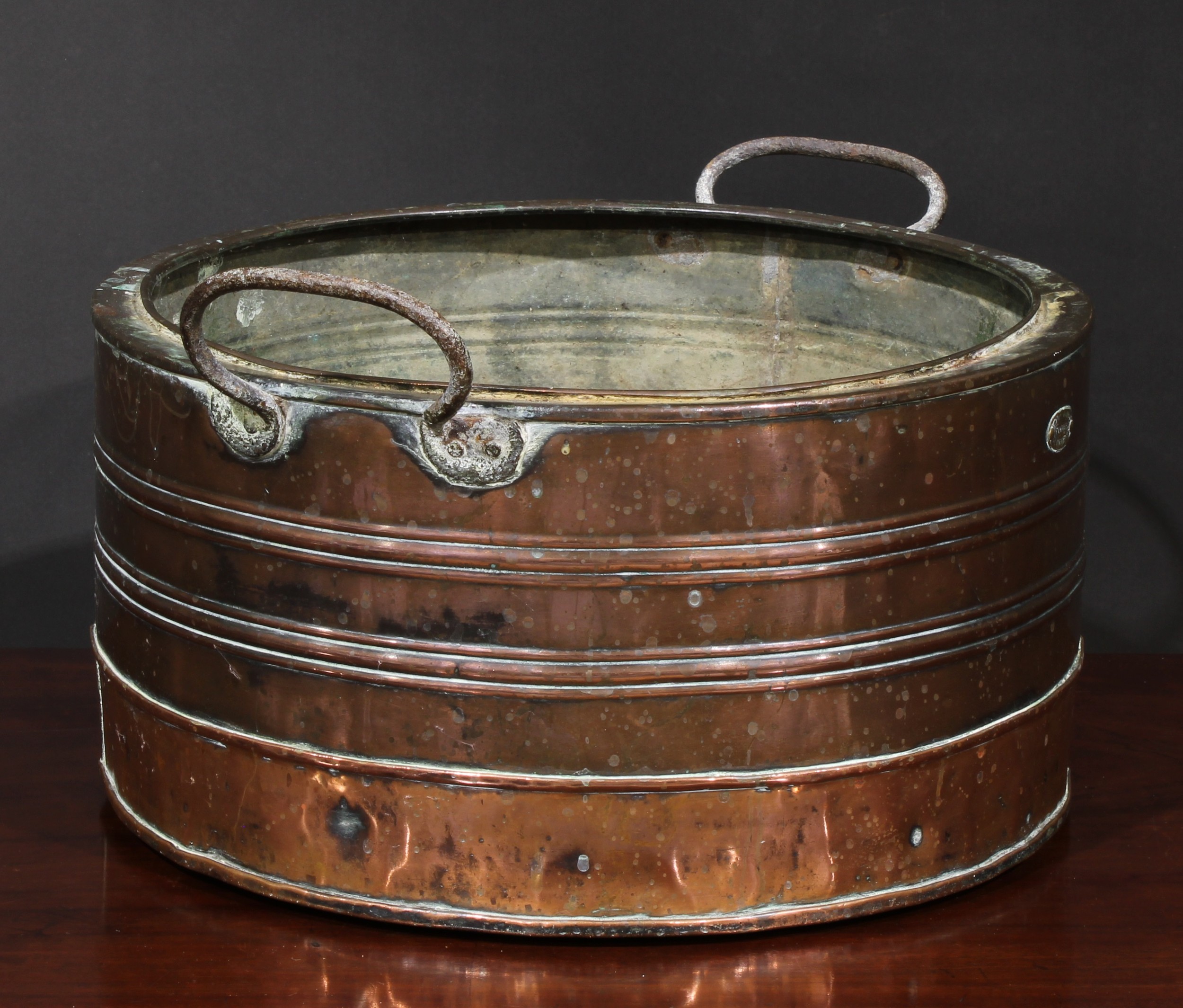 A 19th century copper vessel, by John Libby, Camborne, iron carry handles, 45.5cm wide overall - Image 2 of 2