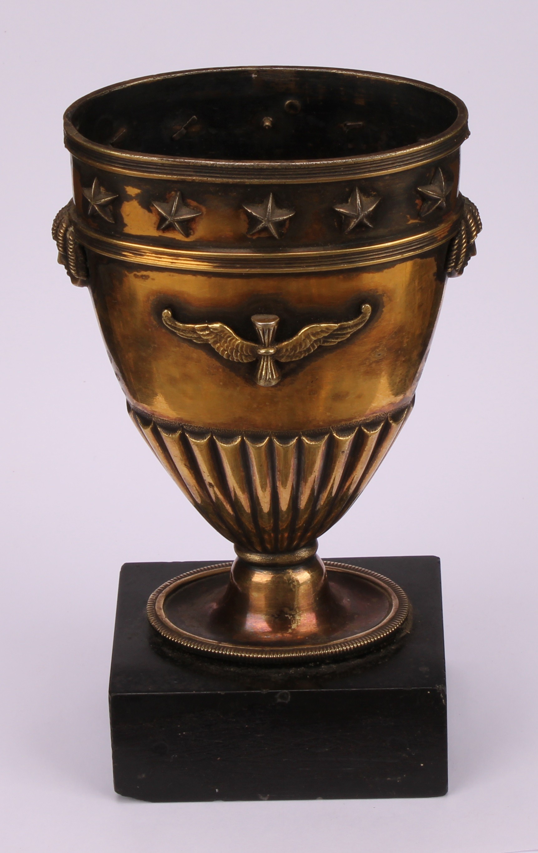 A French silver gilt vase, in the Empire taste, applied with masks and neoclassical motifs, black - Image 2 of 3