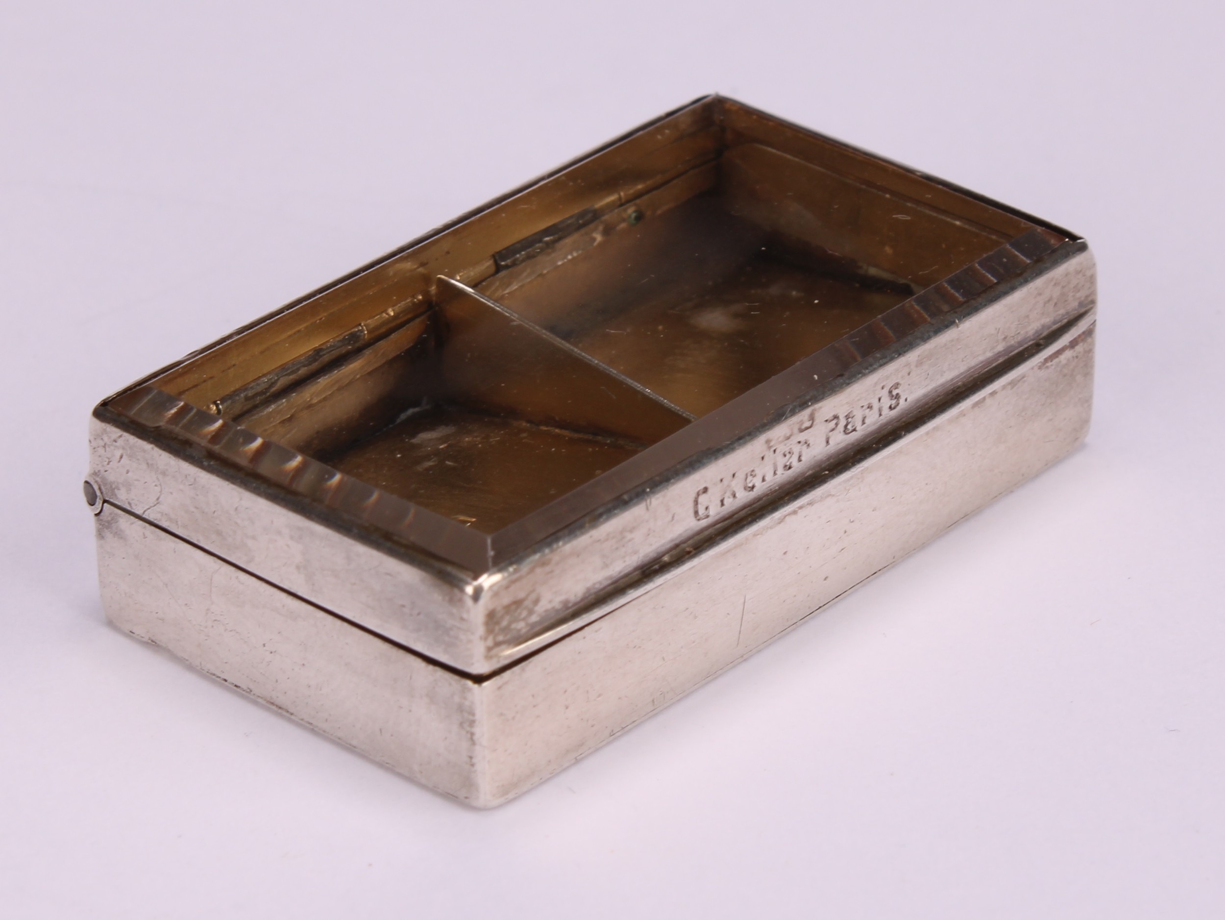 A Victorian silver rectangular stamp box, hinged glazed cover enclosing a gilt interior with two - Image 3 of 5