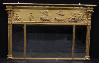 A 19th century giltwood and gesso triple-plate chimney glass, moulded cornice applied with a row