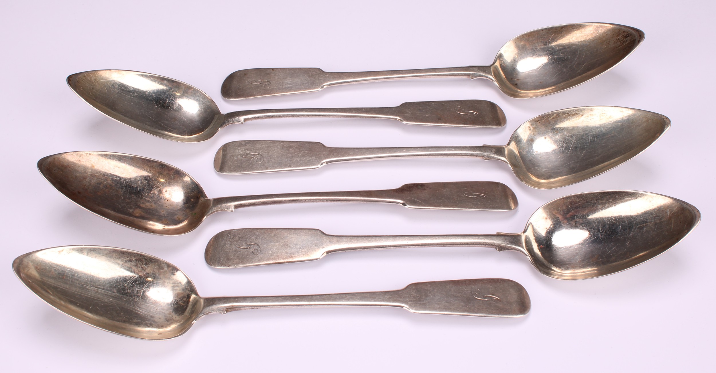 A set of six Scottish Provincial silver Fiddle pattern tablespoons, 22cm long, Robert Keay, Perth, - Image 2 of 4