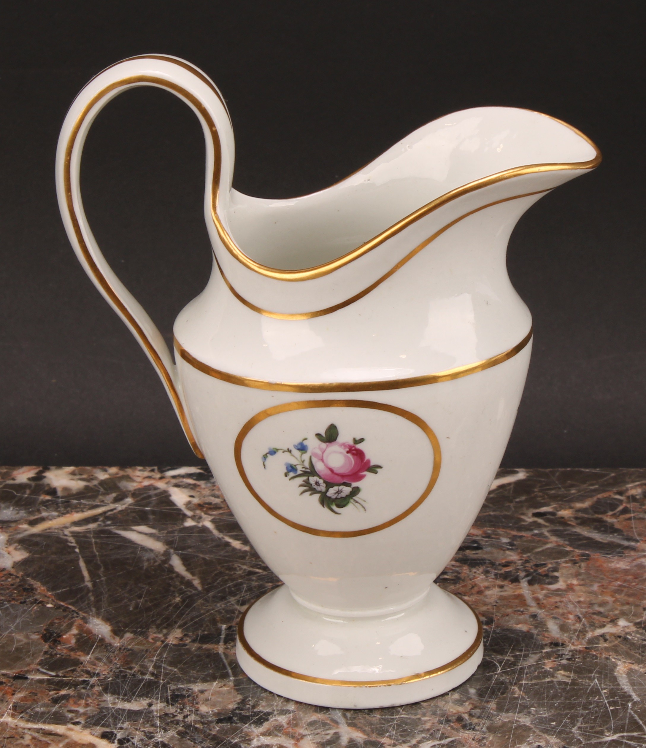 A Thomas Wolfe Factory Z helmet shaped cream jug, painted with flowers within an oval gilt - Image 8 of 12