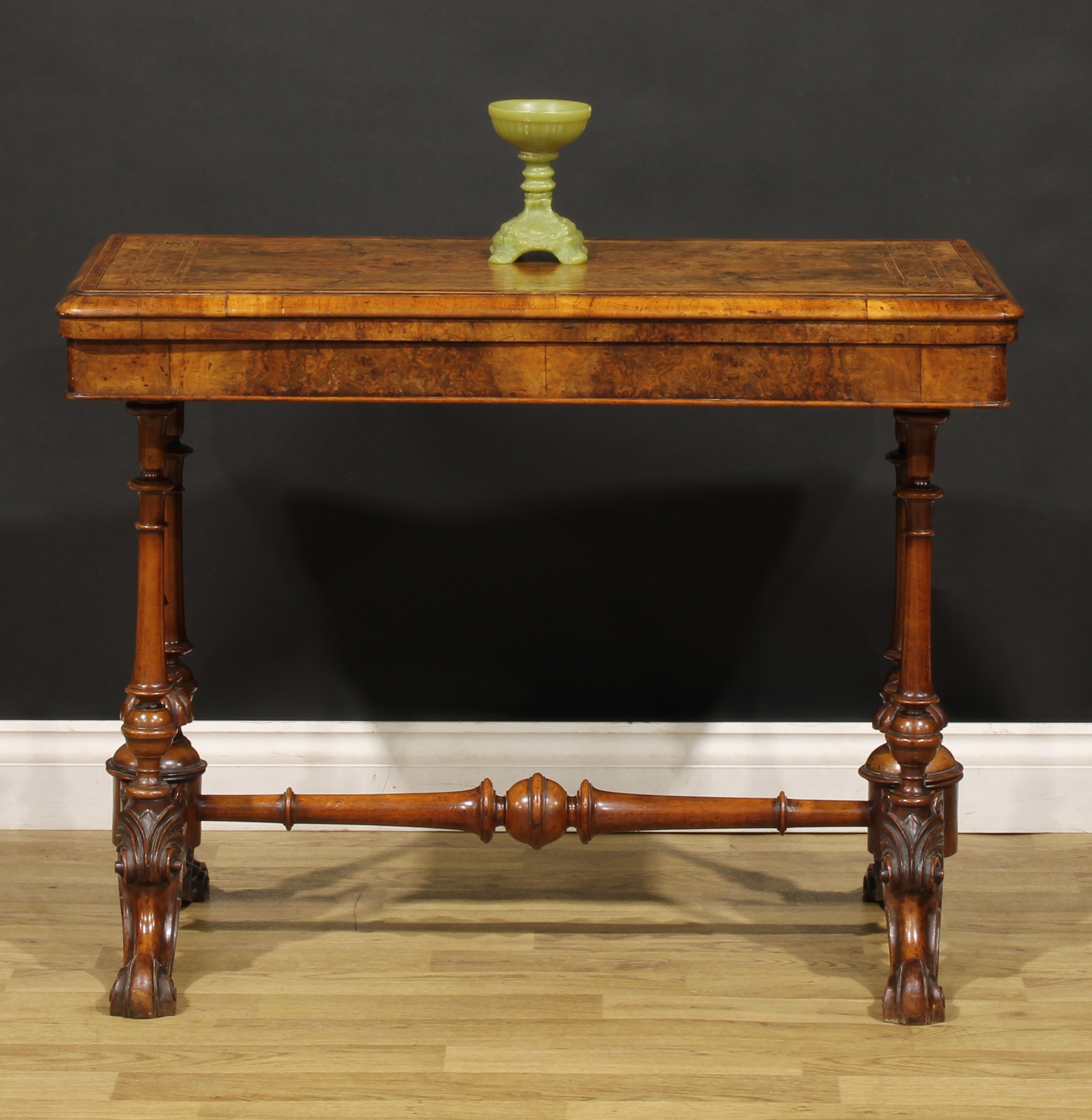 A Victorian amboyna banded walnut and Tunbridge ware card table, hinged top enclosing a baize