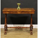 A Victorian amboyna banded walnut and Tunbridge ware card table, hinged top enclosing a baize