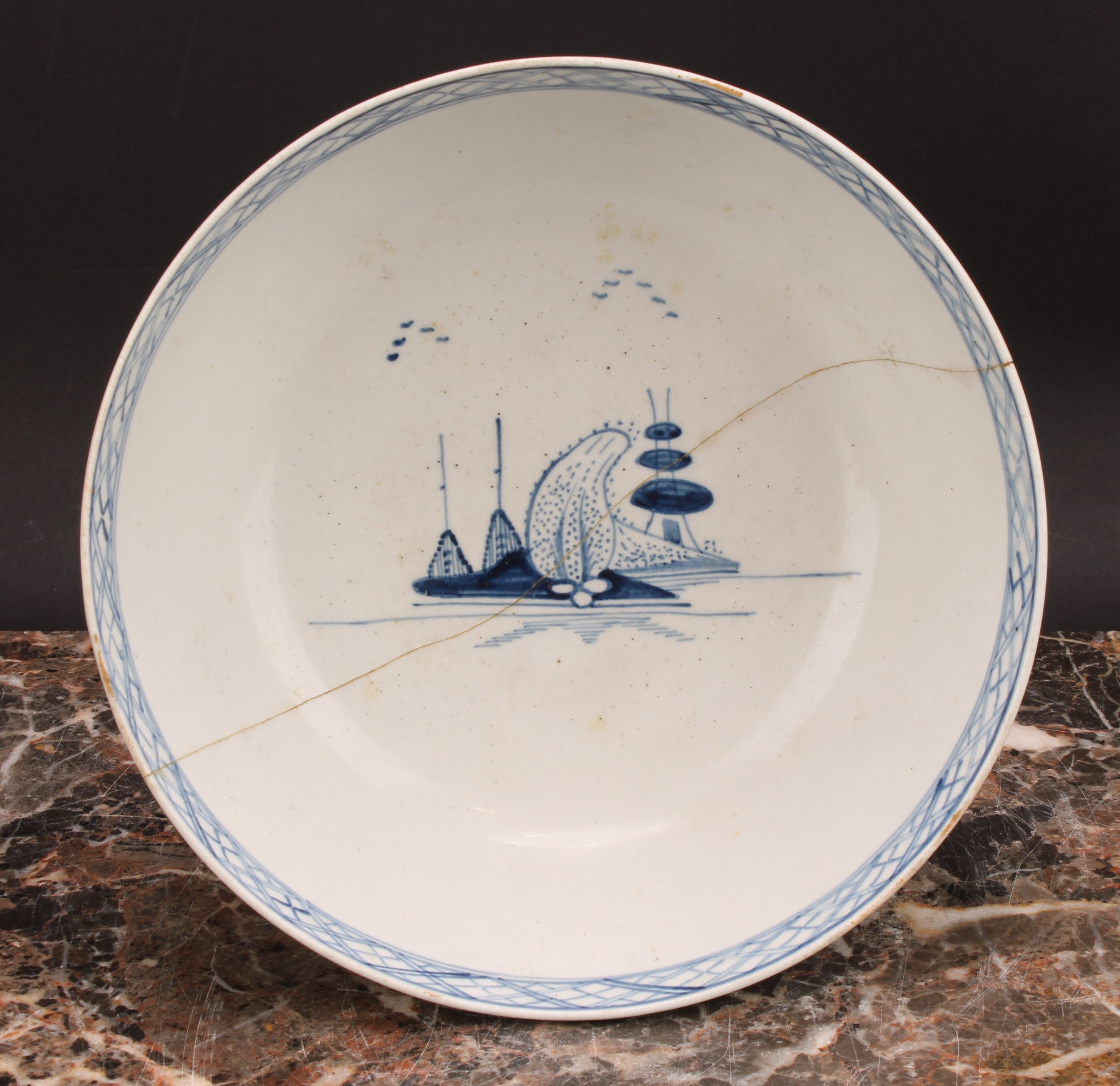 A Chaffers Liverpool punch bowl, painted in Chinoiserie style in underglaze blue, with a - Image 5 of 11