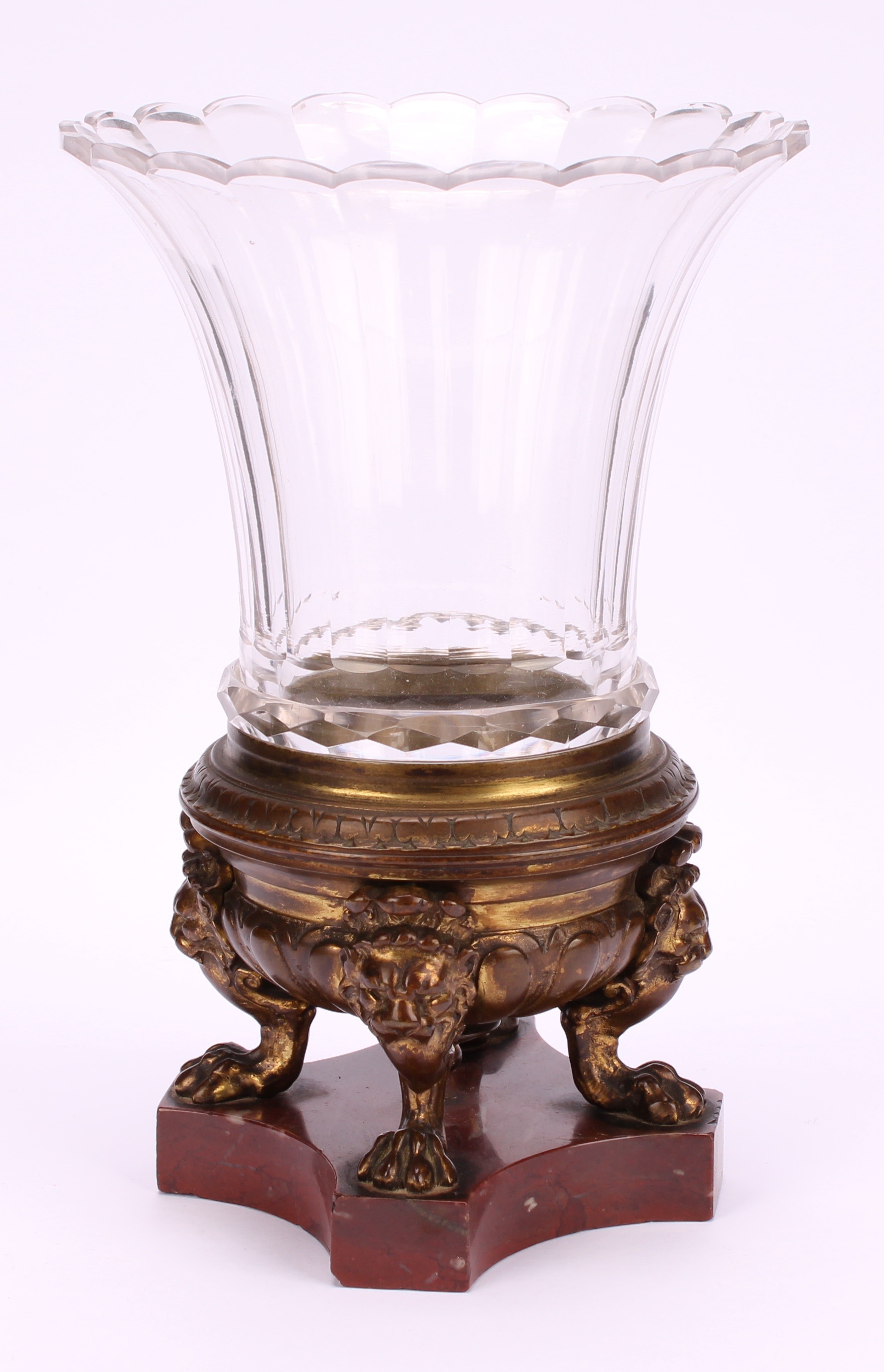 A 19th century pair of gilt bronze and clear glass mantel urns, cast lion monopodia, incurved canted - Image 4 of 6