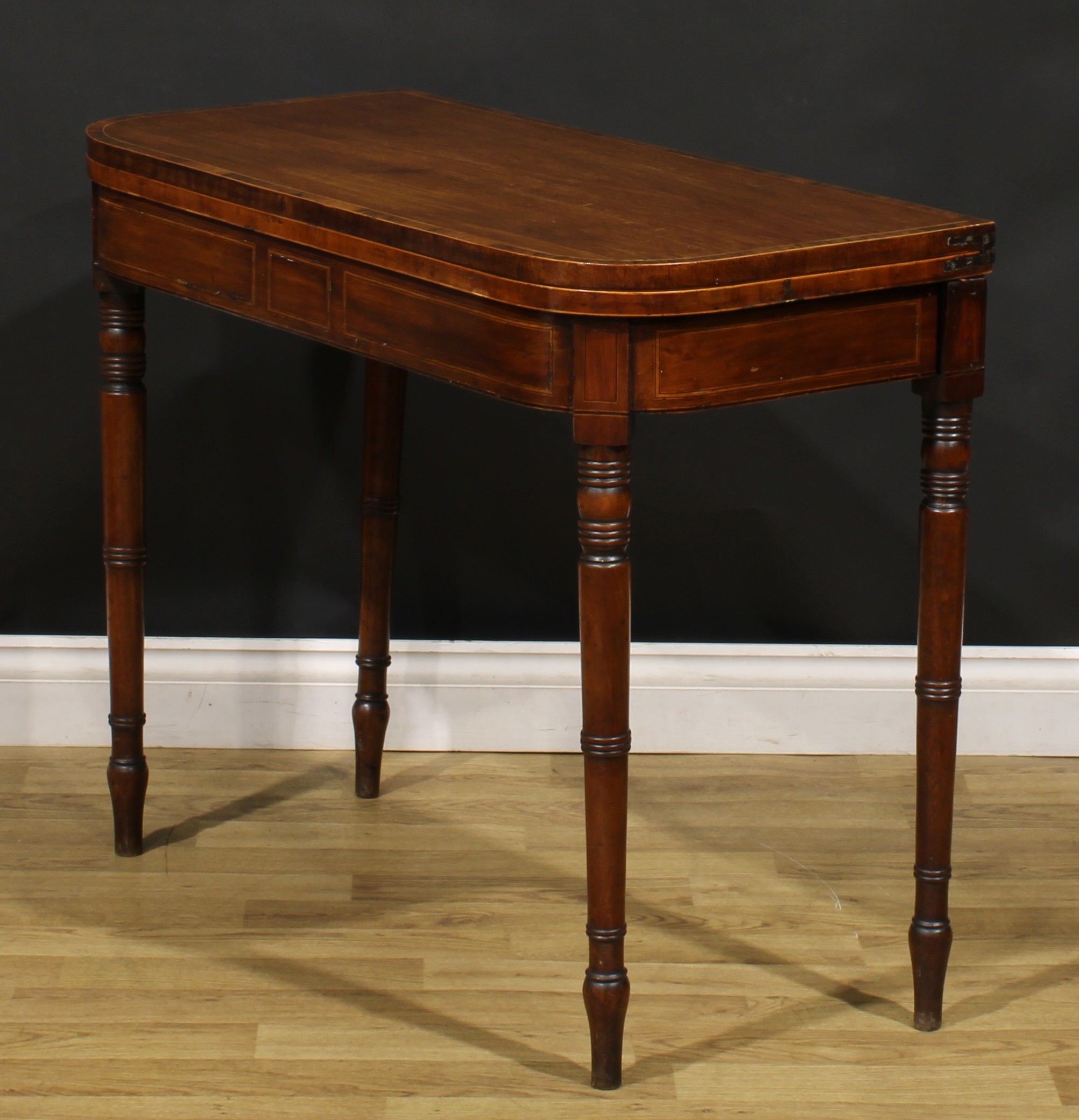 A Regency rosewood crossbanded mahogany card table, hinged top enclosing a baize lined playing - Image 4 of 5