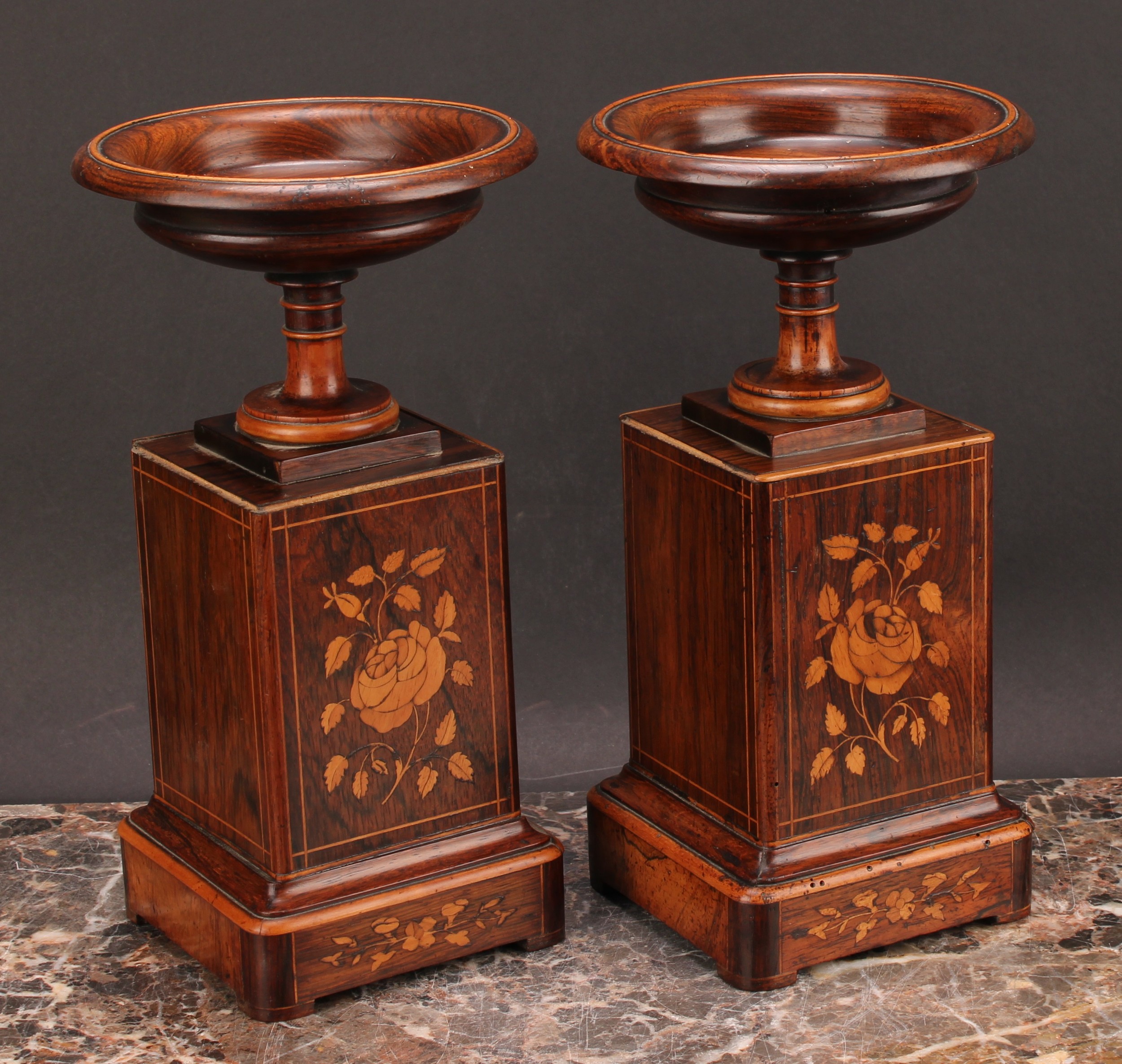 A 19th century French rosewood and marquetry mantel clock garniture, 10cm enamel dial inscribed with - Image 4 of 5