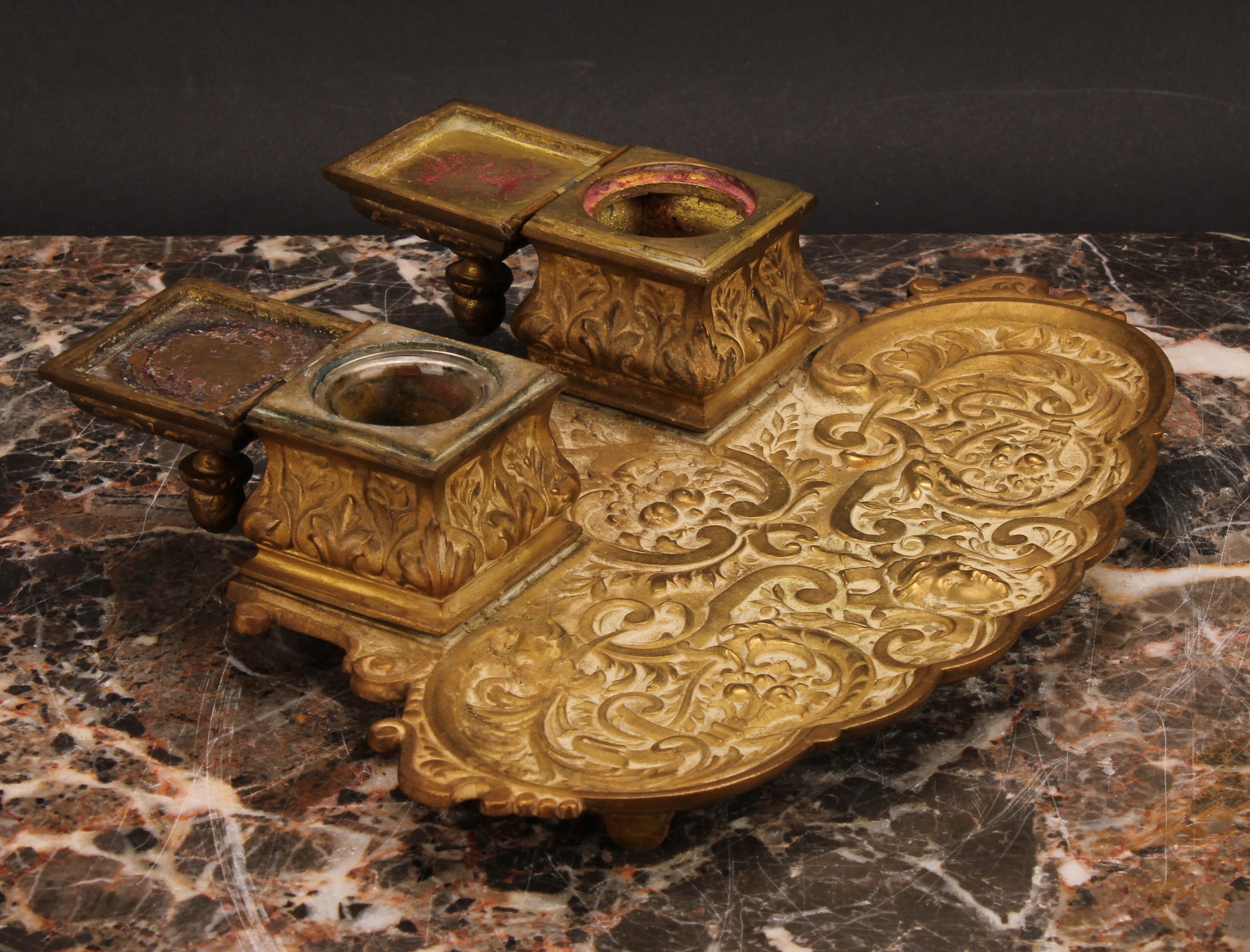 A 19th century gilt bronze inkstand, cast in the Renaissance Revival taste with masks, leafy - Image 4 of 4