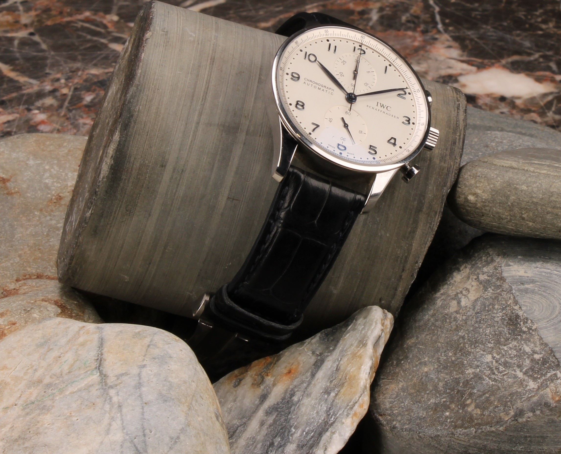 An IWC [International Watch Company] Schaffhausen stainless steel chronograph automatic