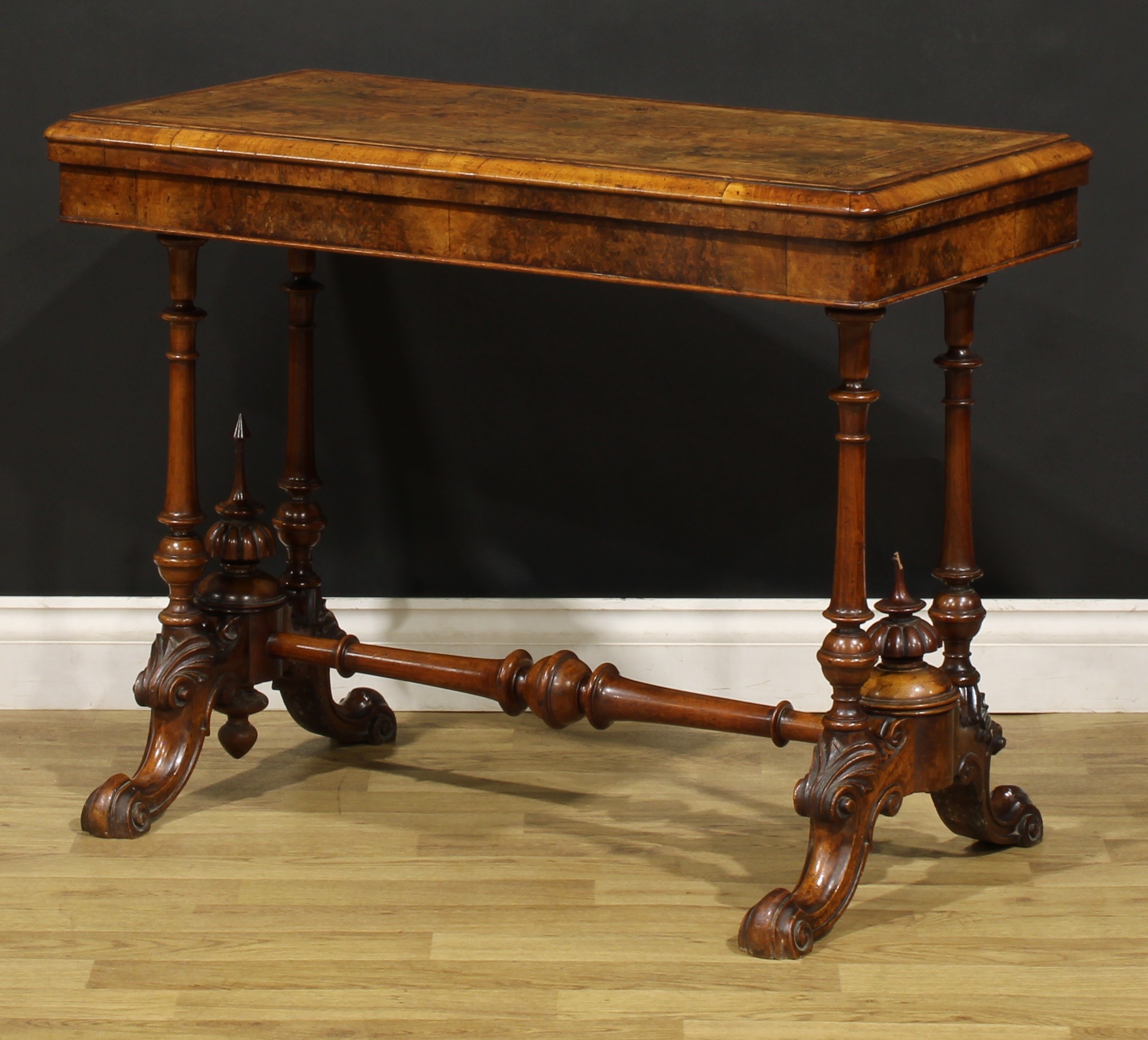 A Victorian amboyna banded walnut and Tunbridge ware card table, hinged top enclosing a baize - Image 5 of 6