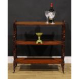 A George IV mahogany rectangular three tier whatnot, turned finials and supports, brass casters,
