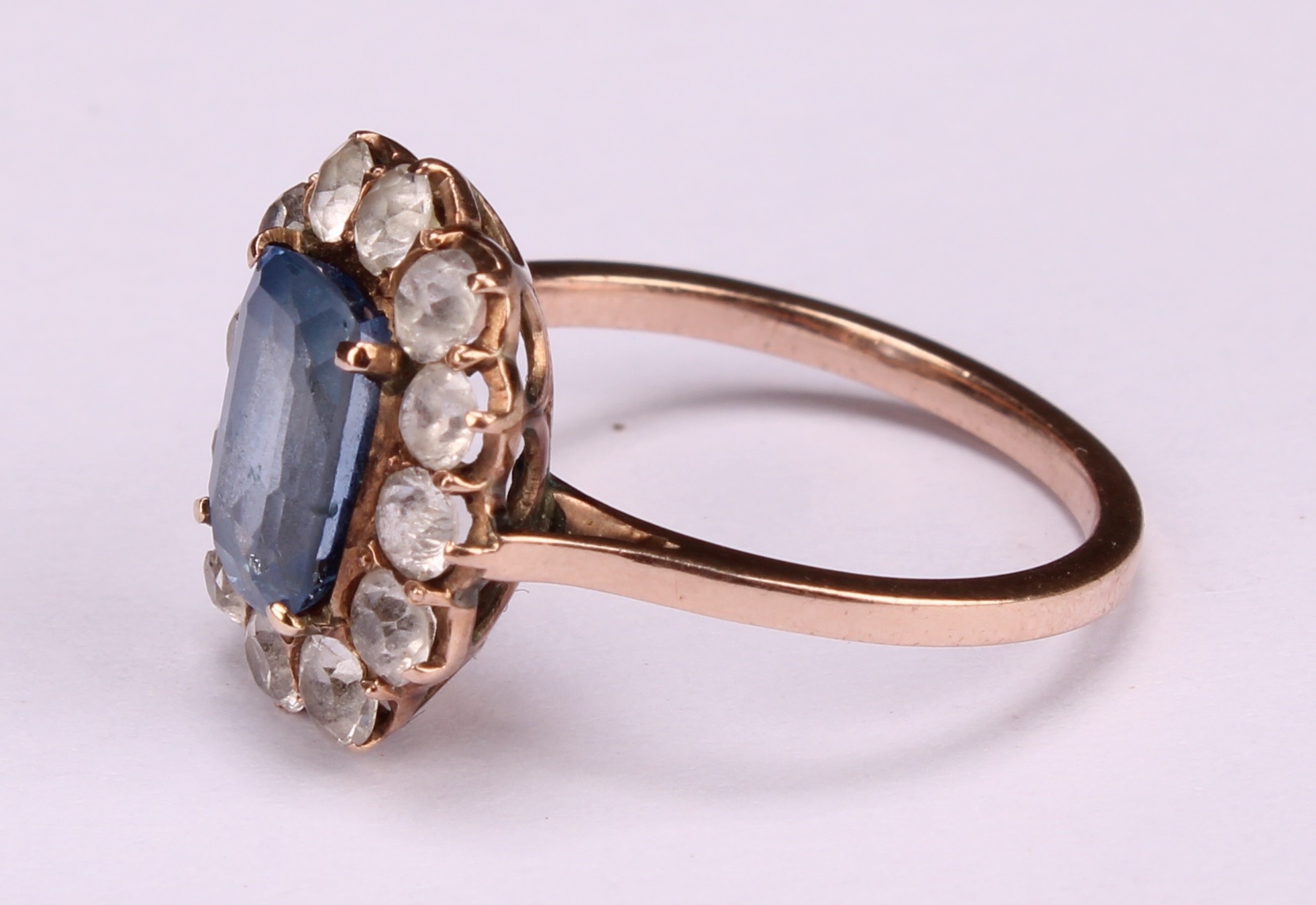 A 19th century pale blue and white sapphire effect paste cluster ring, central cushion cut pale blue - Image 3 of 4