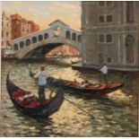 Laurence Belbin (bn.1958) Approaching Rialto, Venice, signed, oil on board, 40cm x 40cm